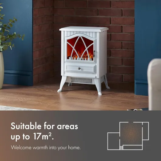Electric Stove Heater 1800W – Indoor Log/Wood Burner/Burning Effect, Free Standing Fire, Portable Fireplace, LED Flame, 2 Heat Settings, Adjustable Thermostat, White – H52 x W38 x D26cm White 1