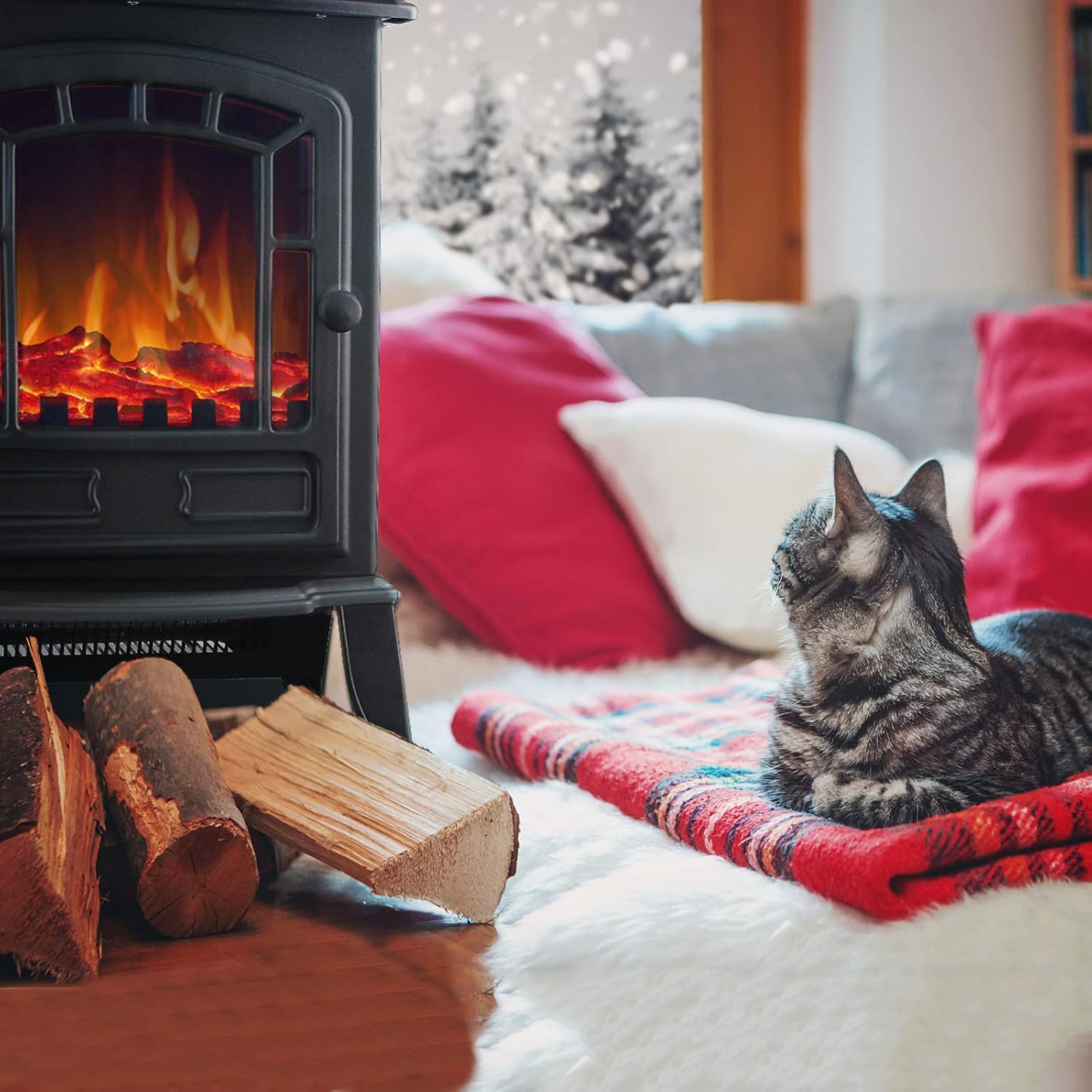 ® Electric Heater 2KW Freestanding Stove with LED Flame Effect, Portable Fan Heater for Home, Fireplace Style, 1000W/2000W Fire Place Adjustable Power, Efficient Heating Solution - Black