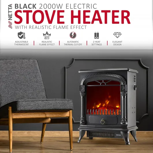 Electric Fireplace Stove Heater with Log Wood Burner Effect - With Fire Flame Effect, Arch Design, Freestanding Portable, Wood Burning LED Light - 1750-1950 watts
