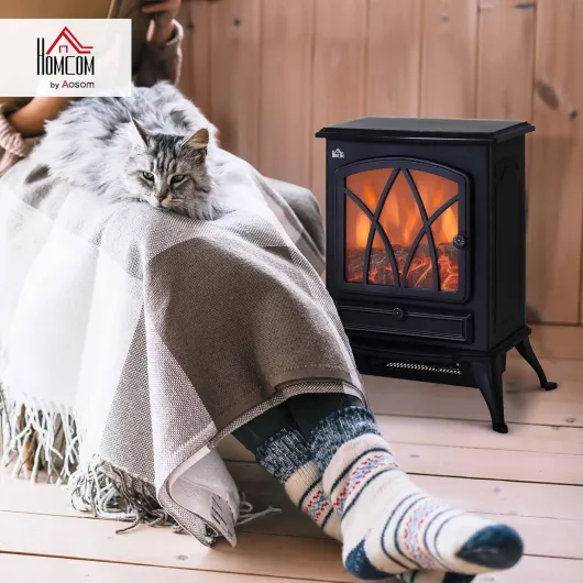 Electric Stove Heater with Realistic Flame Effect, 2000W Portable Indoor Freestanding Electric Fireplace with Adjustable Thermostat, Black