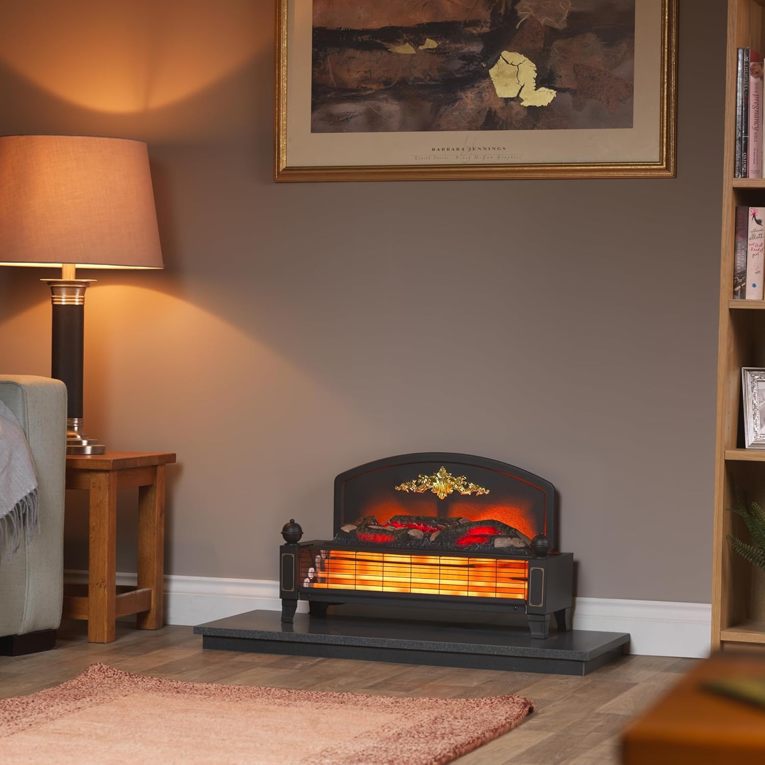 Yeominster Radiant Bar Fire, Black Traditionally Styled Freestanding Electric Fireplace with Glowing Log Ember Fuel Bed and 1.2kW Heater With 600/1200 Watt Heat Settings