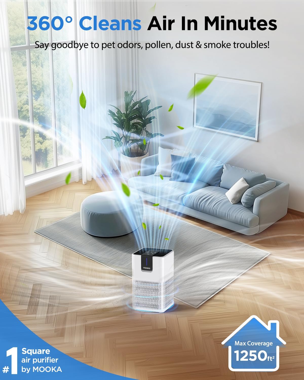 Air Purifiers for Home Large Room Up to 1250 Ft²,MOOKA H13 HEPA Air Purifier for Pets Dust Odor Smoke,Aromatherapy Function,Air Cleaner with 15dB Quiet Sleep Mode for Bedroom Office Living (White)