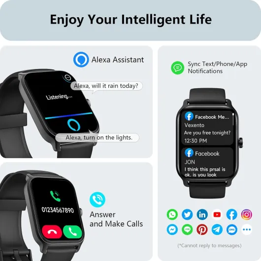 Smart Watch for Men Women, Answer/Make Calls, Alexa Built-in, [1.8" HD Screen] Smart Watches for iPhone/Samsung/Android, Fitness Watch with Heart Rate Sleep SpO2 Monitor,IP68 Waterproof, 100+ Sports 1.80 inch Black