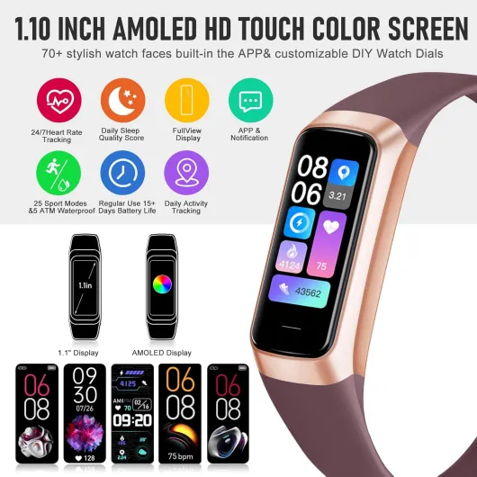 KWEROE Fitness Tracker Activity Tracker 1.10''AMOLED Touch Color Screen, Step Counter with 24/7 Blood Oxygen Heart Rate and Sleep Monitor, Calorie Pedometer Health Smart Watch for Women Men Bordeaux