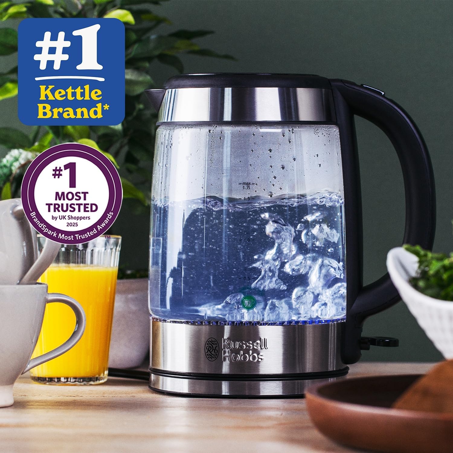 Illuminating 1.7L Electric Cordless Glass Kettle with black/brushed stainless steel accents (Fast Boil 3KW, Washable anti-scale filter, Button to open lid, Perfect pour spout) 21600-10 Silver Single