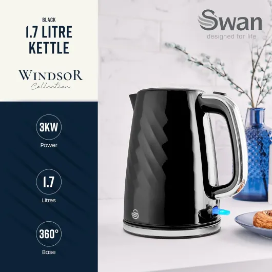 SK14611BLK Windsor Rapid Boil Kettle with Removable Limescale Filter, Boil Dry Protection and Hidden Cord Storage, 1.7L, 3KW, Black Black Kettle