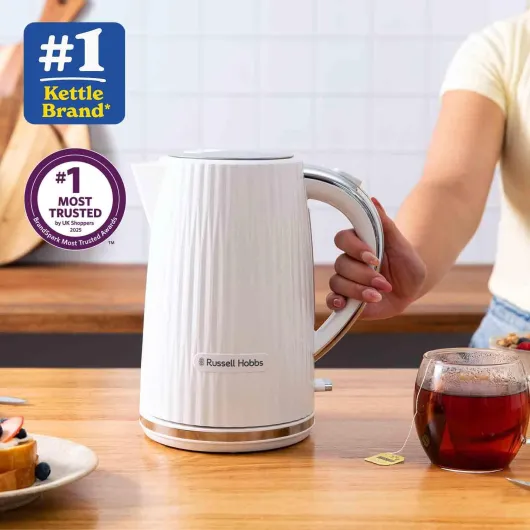 Electric Kettle (Hot Water, Tea or Coffee, 1.7L, Push to open lid, Perfect pour spout, Removable washable filter, Illuminated switch, Chrome accents, White, 3000W) Eden 27360