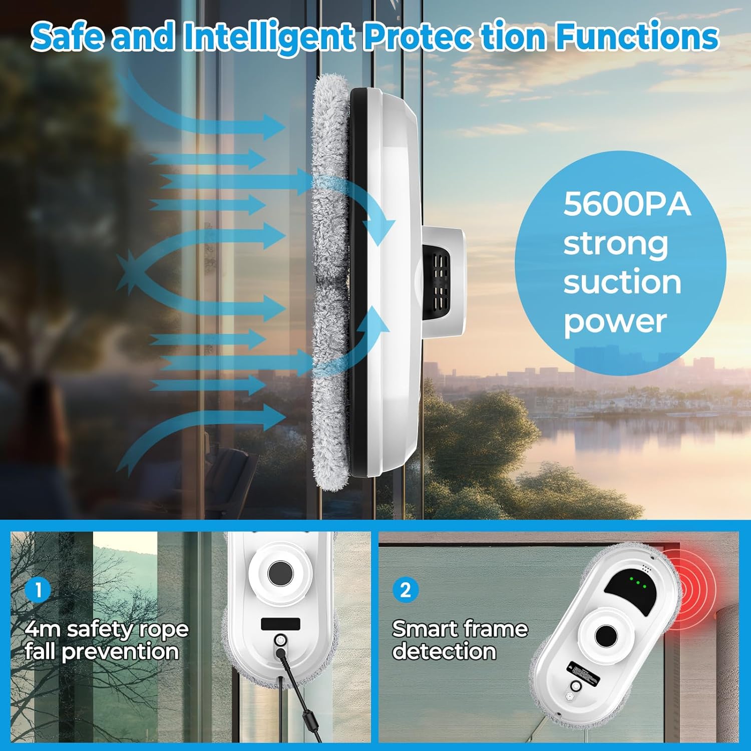 OUOAENR Window Cleaning Robot, 5600Pa Automatic Window Cleaning Robot with Safety System, Smart Navigation, Remote Control, Edge Detection, Glass Cleaners for All Smooth Surfaces, with 10 Cloths