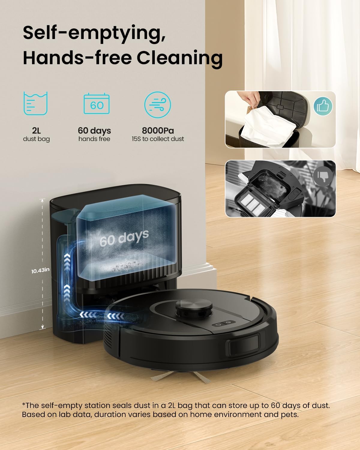Self-Emptying Robot Vacuum Cleaner with Mop, Laser Navigation, Up to 60 Days of Hands-Free Cleaning, 180 Mins Runtime, Strong 8000Pa Suction Robot Vacuum to Clean Floors, Carpets, and Pet Hair W11