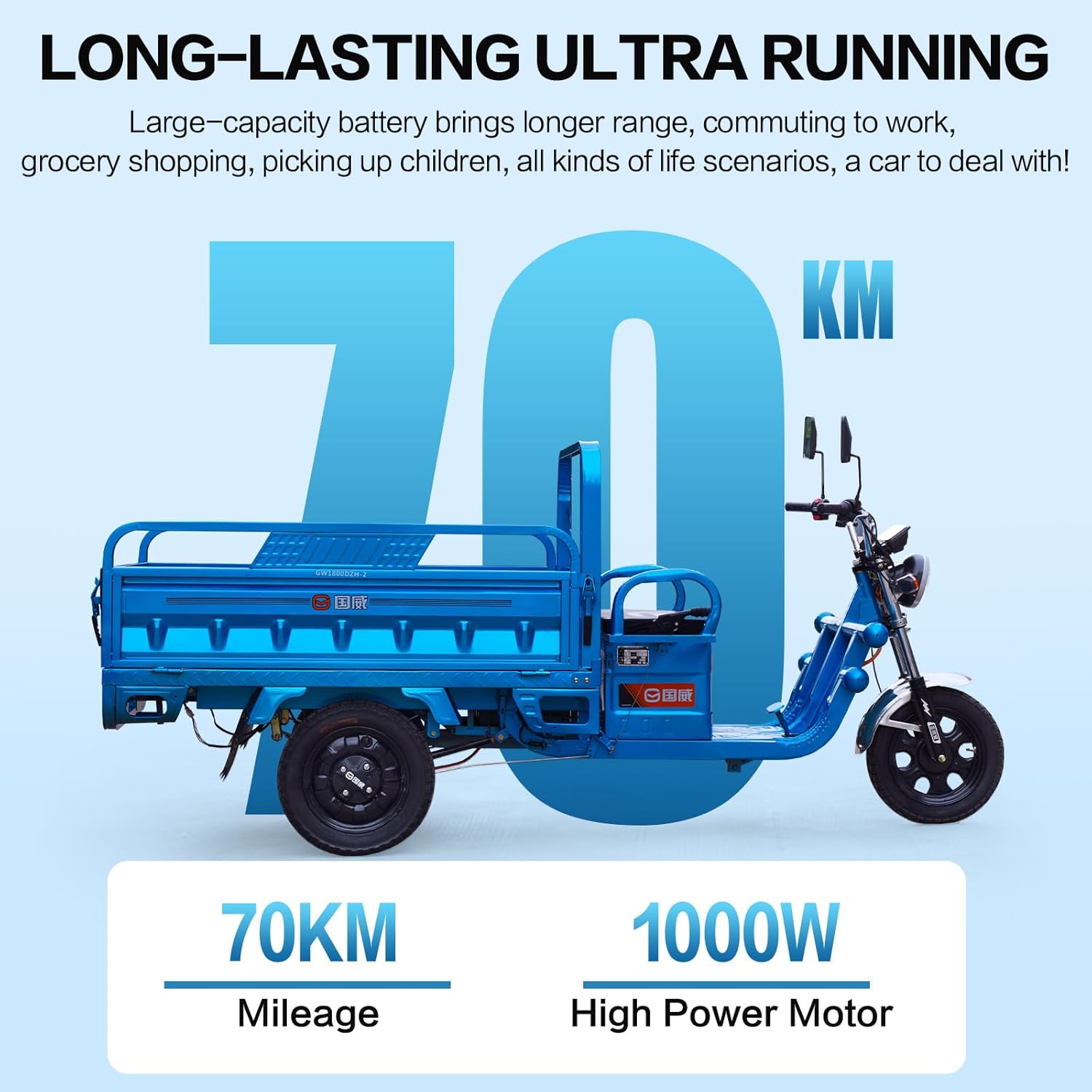 60-70Km 1000W Electric Cargo Tricycle Truck Simple Tricycle,60V 45Ah Large Capacity Battery,Load Capacity 1100Lbs