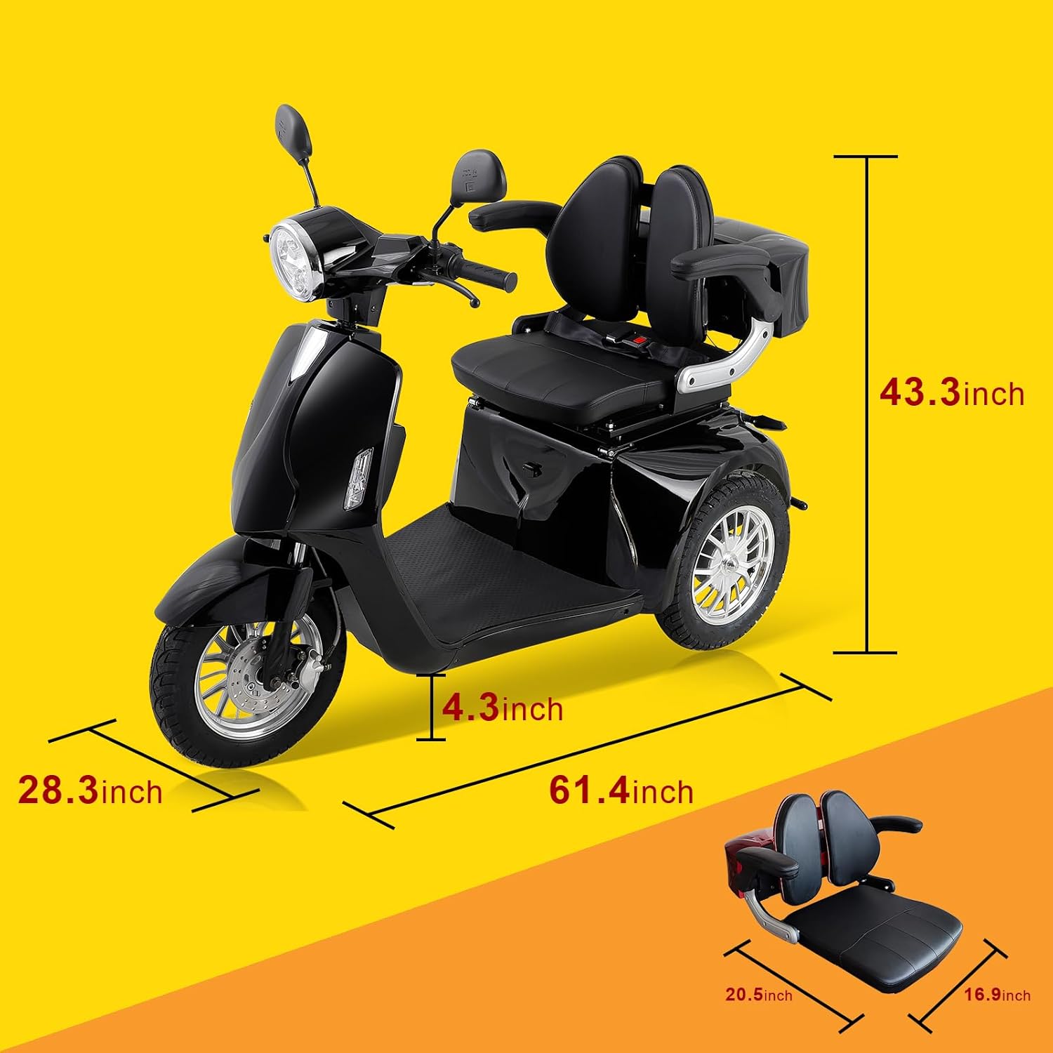 800W Heavy Duty 3 Wheel Mobility Scooters Weight Capacity of 330lbs, Powered Mobility Scooters for Adults & Seniors, 3-Speed All Terrain Mobility Scooter with Adjustable Seat Backrest & Height, Black