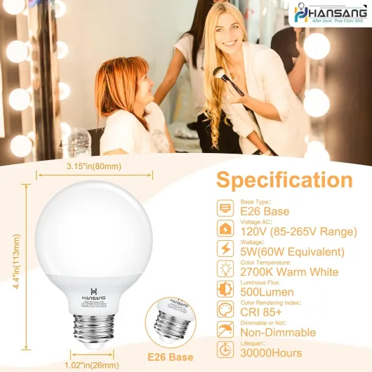 G25 LED Globe Light Bulbs, Bathroom Vanity Light Bulbs E26 Base Warm White 2700K for Bedroom Makeup Mirror Lights, 60W Equivalent(5W), 500LM Non-dimmable,4Pack 2700k(warm White) 4 Count (Pack of 1)