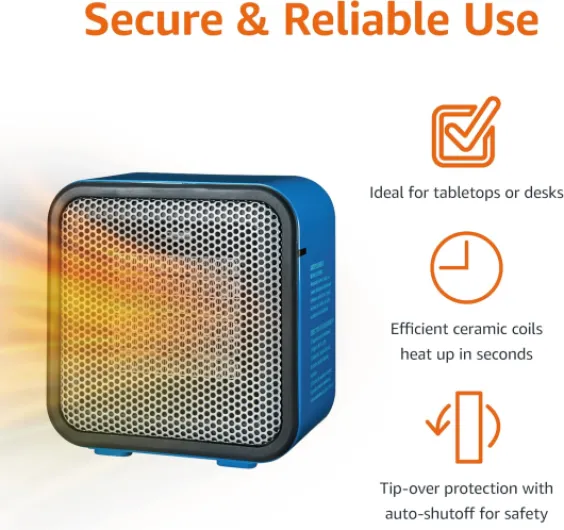 Ceramic Space Heater, Mini Heater for Office Desk, Portable Tent Heater (Indoor Use), 500 W, With Tip-Over Protection, Lightweight (1.4 LBS), Blue, 5.9 x 3.2 x 6 inches