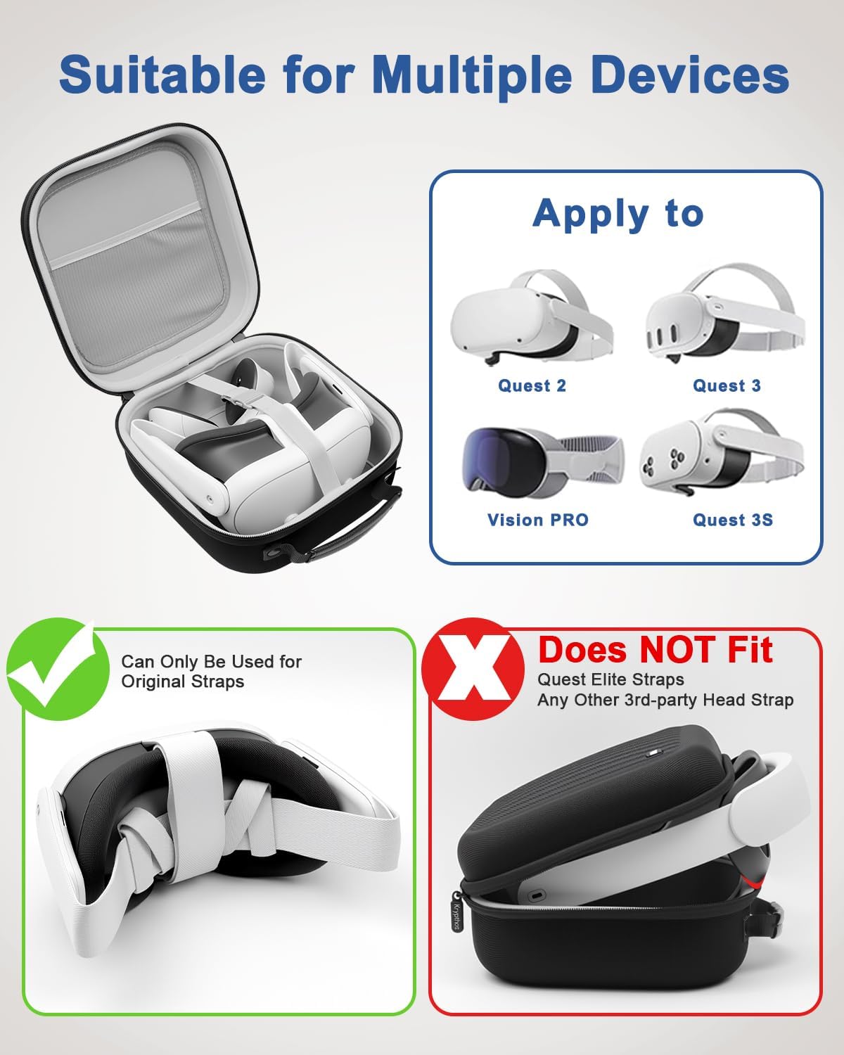 Hard Carrying Case Compatible with Meta Quest 3S/Quest 3/Quest 2/Vision Pro, Portable VR Gaming Headset and Touch Controllers Case with Lens Protector, for Travel and Home Storage (Black)