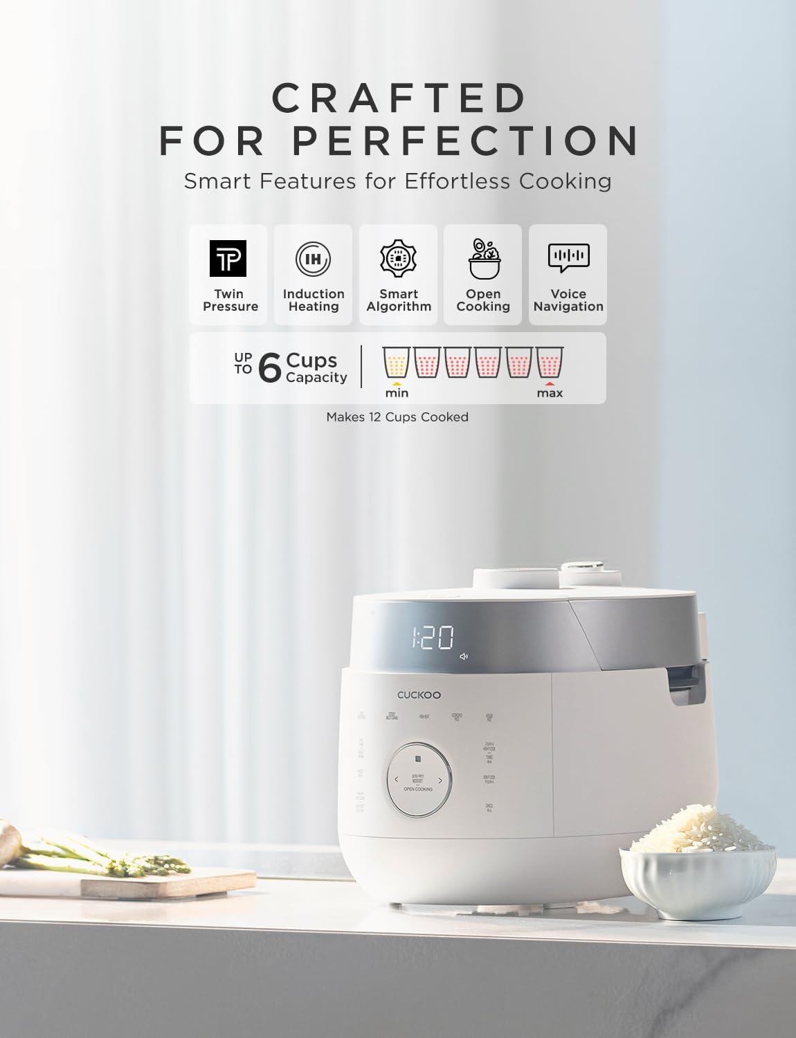 Twin Pressure Rice Cooker 6-Cup Uncooked / 12-Cup Cooked with Induction Heating Technology, 20 Menu Modes with Voice Guide, Versatile Rice Maker Multi-Cooker & Pressure Cooker (CRP-LHTR0609FW) 6 Cup