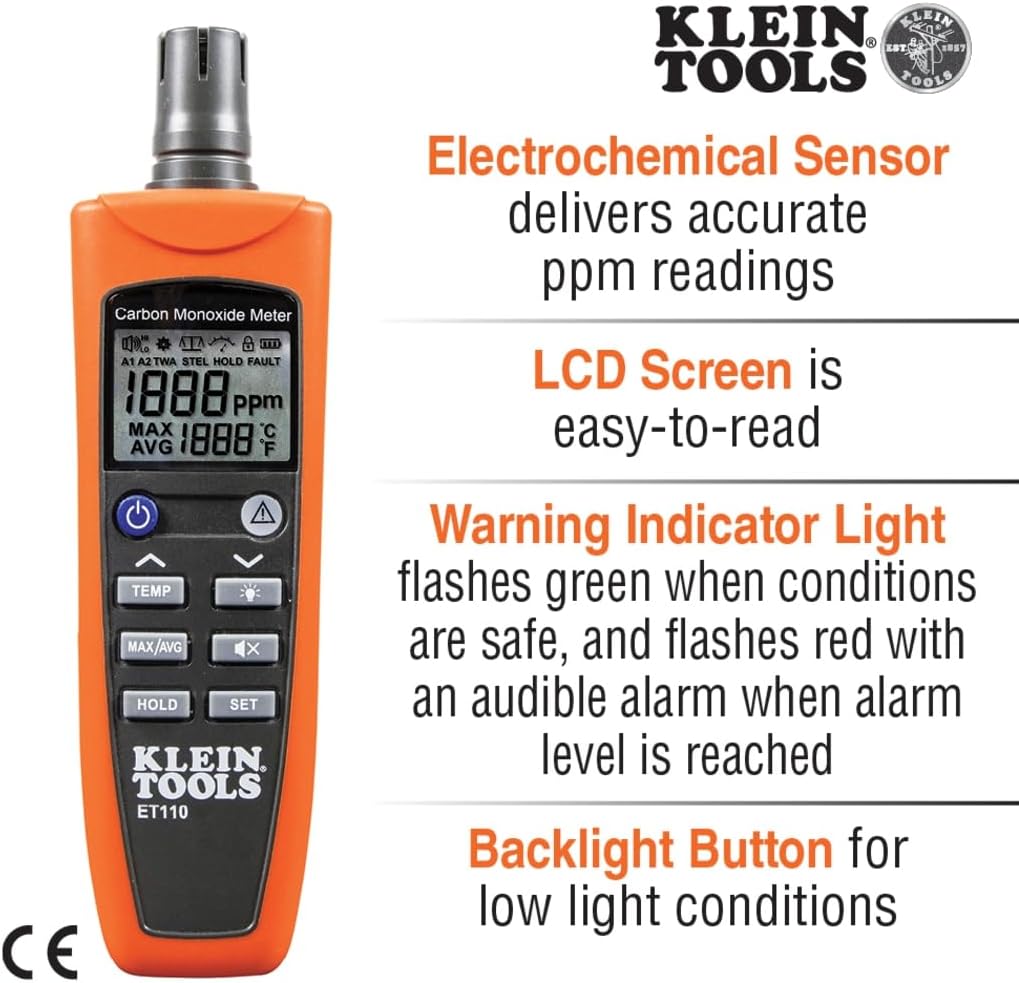 ET110 CO Meter, Carbon Monoxide Tester and Detector with Exposure Limit Alarm, 4 x AAA Batteries and Carry Pouch Included