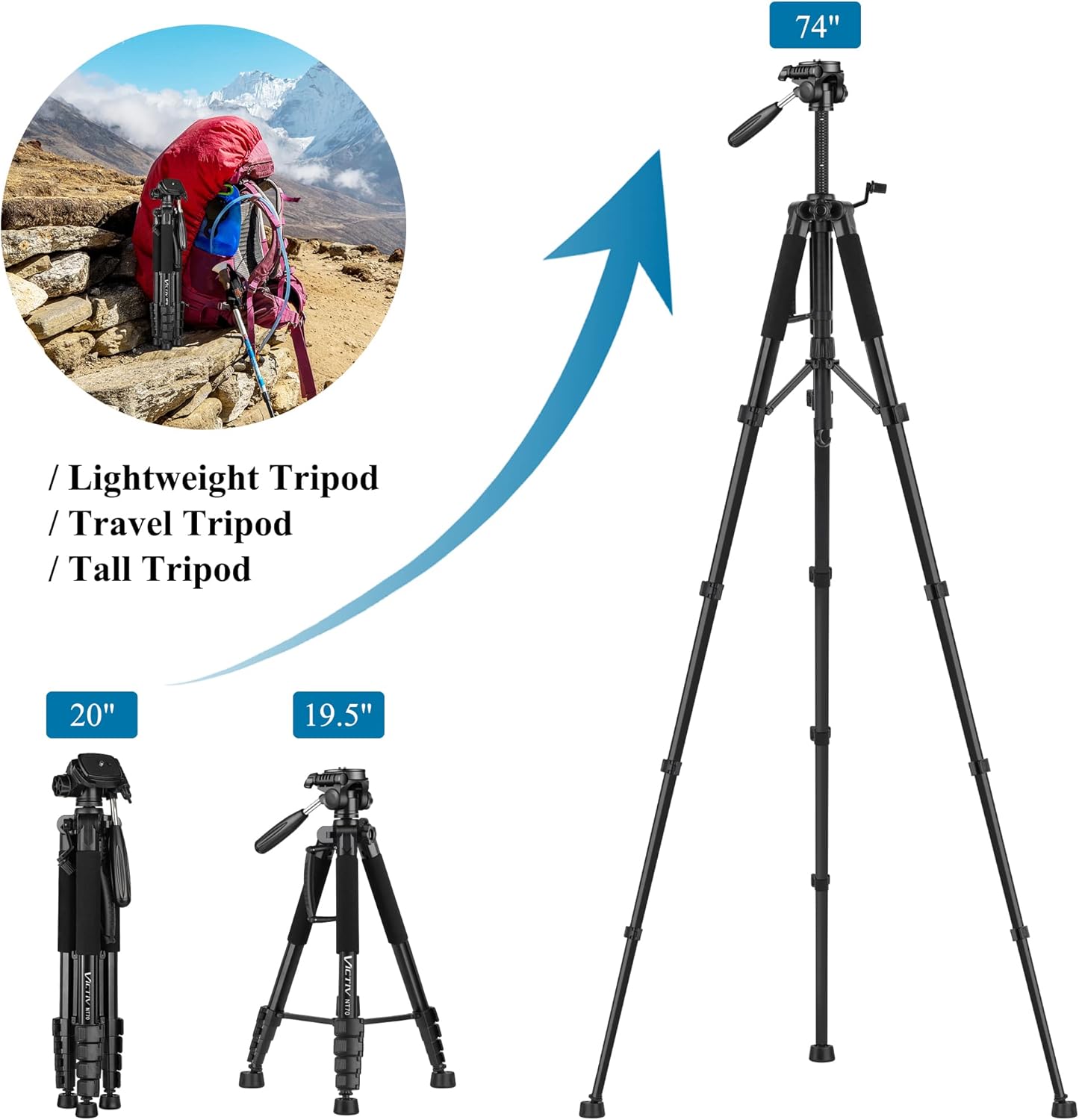 74” Camera Tripod, Tripod for Camera and Phone, Aluminum Professional Tripod Stand for Canon Nikon with Carry Bag and Phone Holder, Compatible with DSLR, iPhone, Spotting Scopes, Max Load 9.5Lb Black 74 Inch