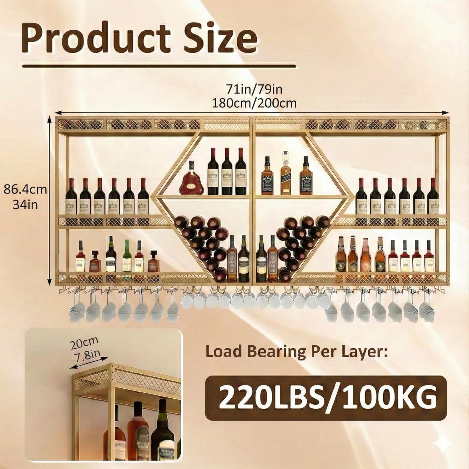 71in Wall Mounted Liquor Shelves with LED Lights, Industrial Metal Wall Bar Rack with Wine Glass Holder, Large Bottle Display Shelf for Home Kitchen (Black) Black 71in