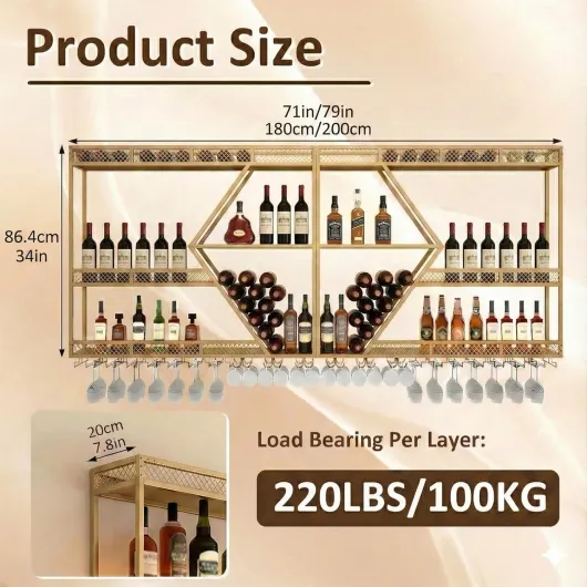 71in Wall Mounted Liquor Shelves with LED Lights, Industrial Metal Wall Bar Rack with Wine Glass Holder, Large Bottle Display Shelf for Home Kitchen (Black) Black 71in