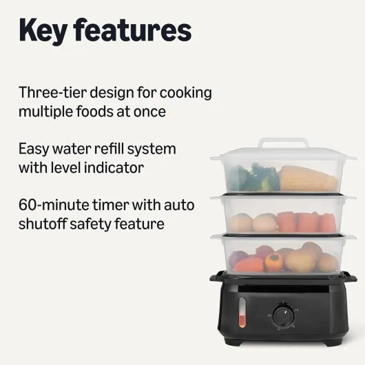 Electric Food Steamer for Cooking Vegetables with 3-Tier Design, BPA-Free, 9.5 QT, Black