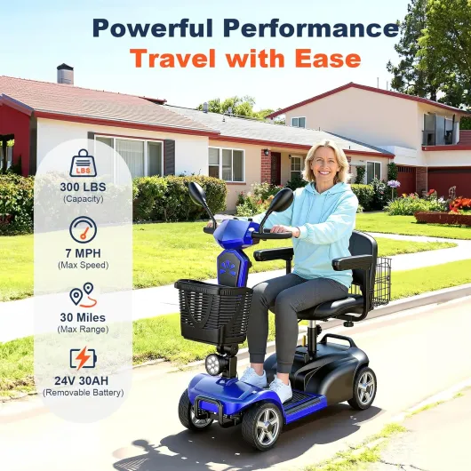 15/25/30/50Miles Eldryvon 4 Wheels Electric Mobility Scooter for Seniors, Dual Basket, 350W Powered Wheelchair with Rotating Seat, Foldable Motorized Scooter for Adult with USB Port, 300Lbs Capacity Blue 30Miles-EV02 PLUS with Mirror