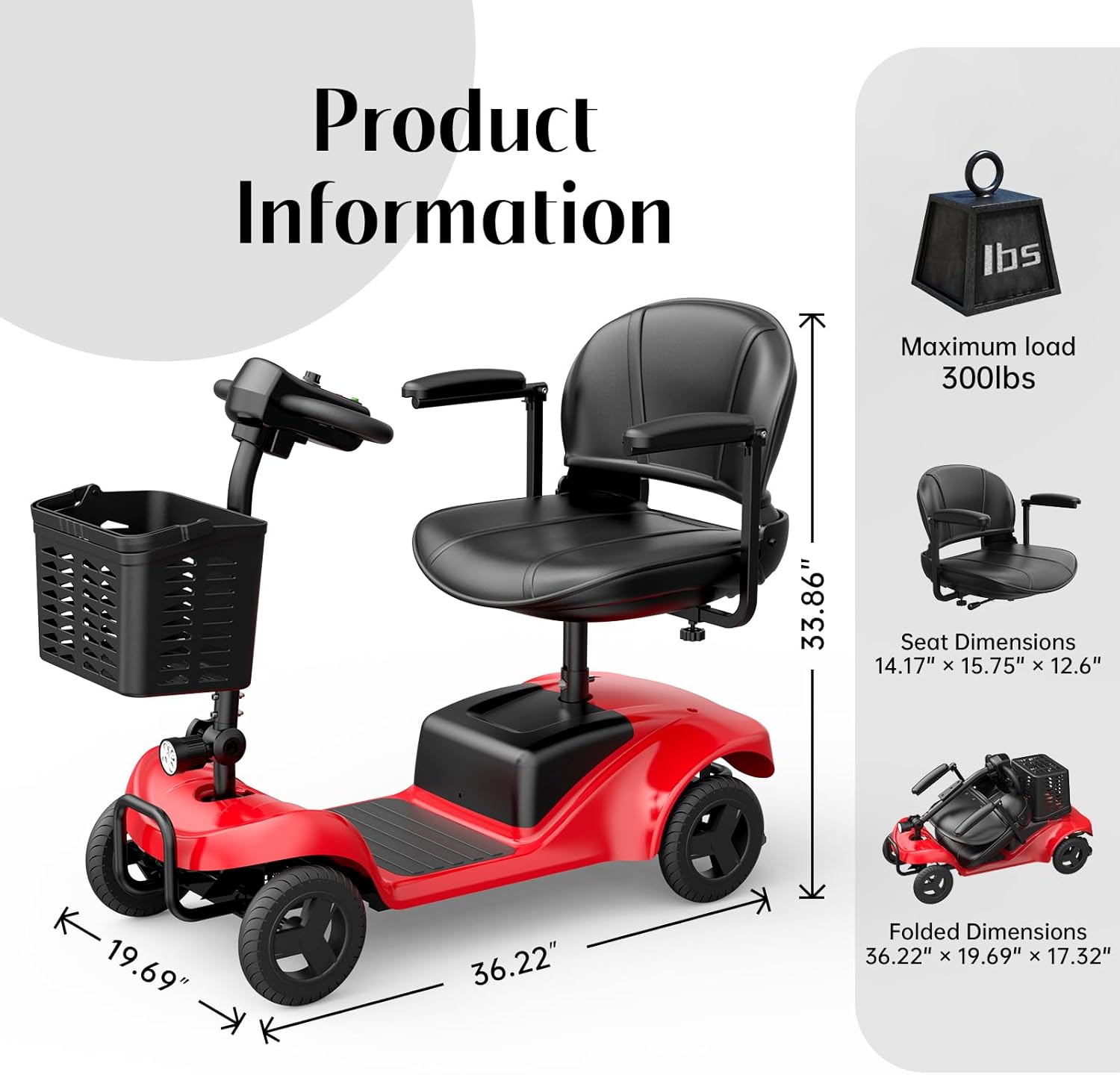 Mobility Scooter for Adults,4 Wheel Mobility Scooter,15 Miles Range,300WH Battery,300LBS Capacity,Lightweight and Portable,with LED Headlights and Basket,Charger Included (Red)