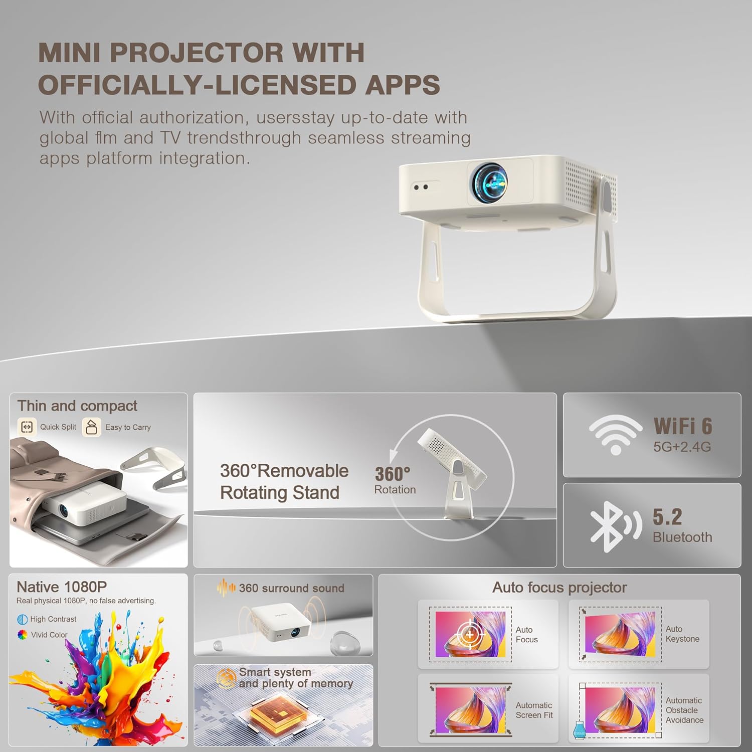 [Officially-Licensed App & Auto Focus]Smart Mini Projector with WiFi and Bluetooth, XuanPad 4K Support Movie Projector, Portable Native 1080P Outdoor Projector with 360° Stand 1800 ANSI Auto Focus