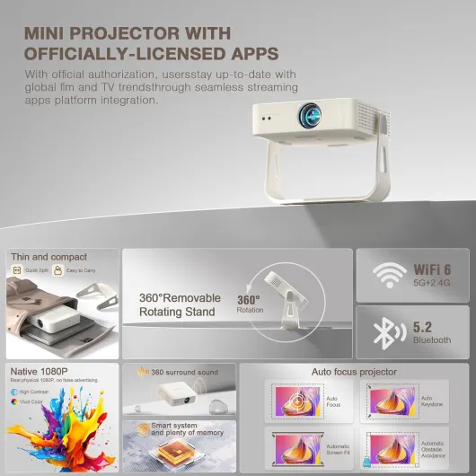 [Officially-Licensed App & Auto Focus]Smart Mini Projector with WiFi and Bluetooth, XuanPad 4K Support Movie Projector, Portable Native 1080P Outdoor Projector with 360° Stand 1800 ANSI Auto Focus