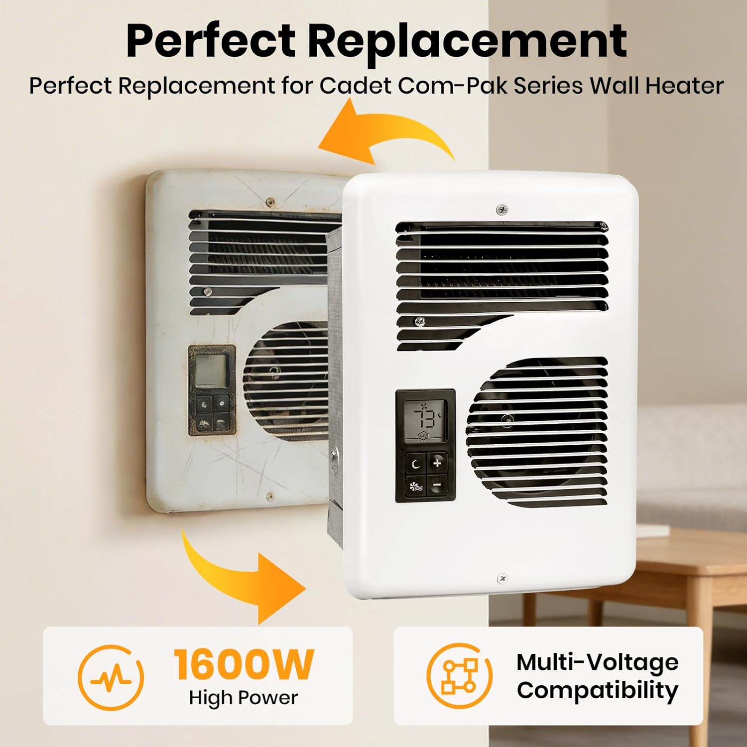 Upgrade CEC163TW in Wall Heater for Cadet Wall Heater, With Built-In Digital Thermostat, High - Capacity Heater for Fast - Heating Space, Suitable for Bedroom, Bathroom, Office, 240/208/120 Volt