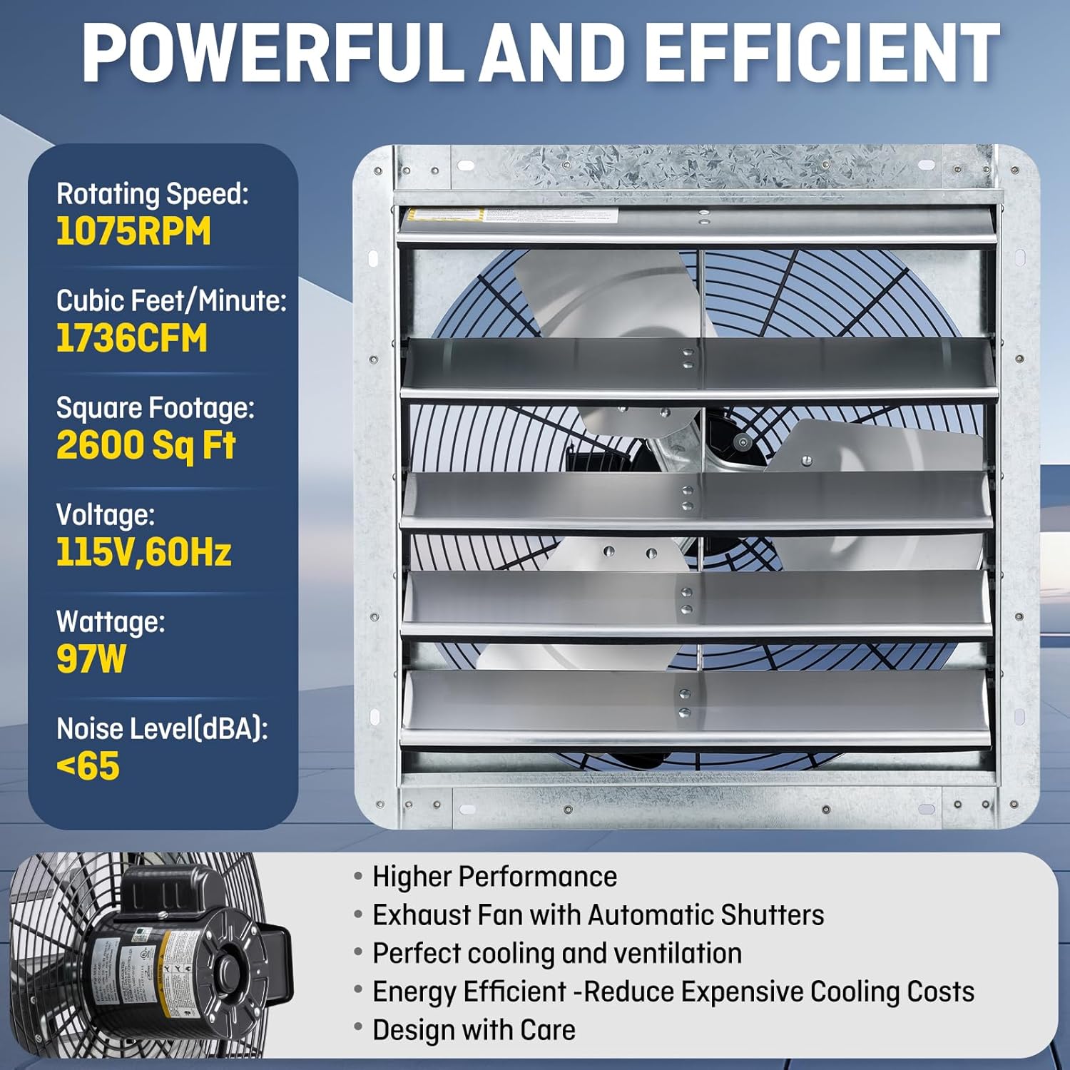 18" Wall Mounted Shutter Exhaust Fan, Automatic Shutter, with Thermostat and Variable Speed controller, 0.85A, 1736 CFM, 2600 SQF Coverage Area Silver (ILG8SF18V-ST) 18" Fan w/ Thermospeed Controller