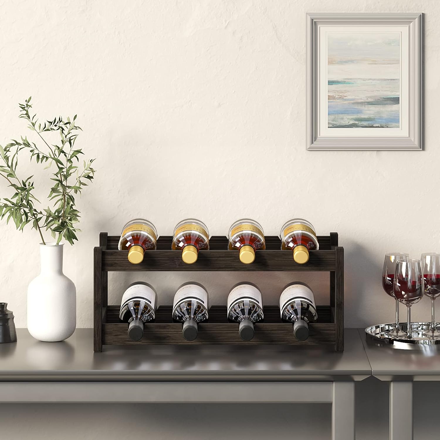 Wine Rack Freestanding 2 Tier 8 Bottle Bamboo Wine Racks Countertop Cabinet Wine Holder Wine Storage Shelf for, Bar, Pantry Wine Cellar Basement Countertop Mocha (16.85 L x 9.25W x 7H 2-tier-Mocha