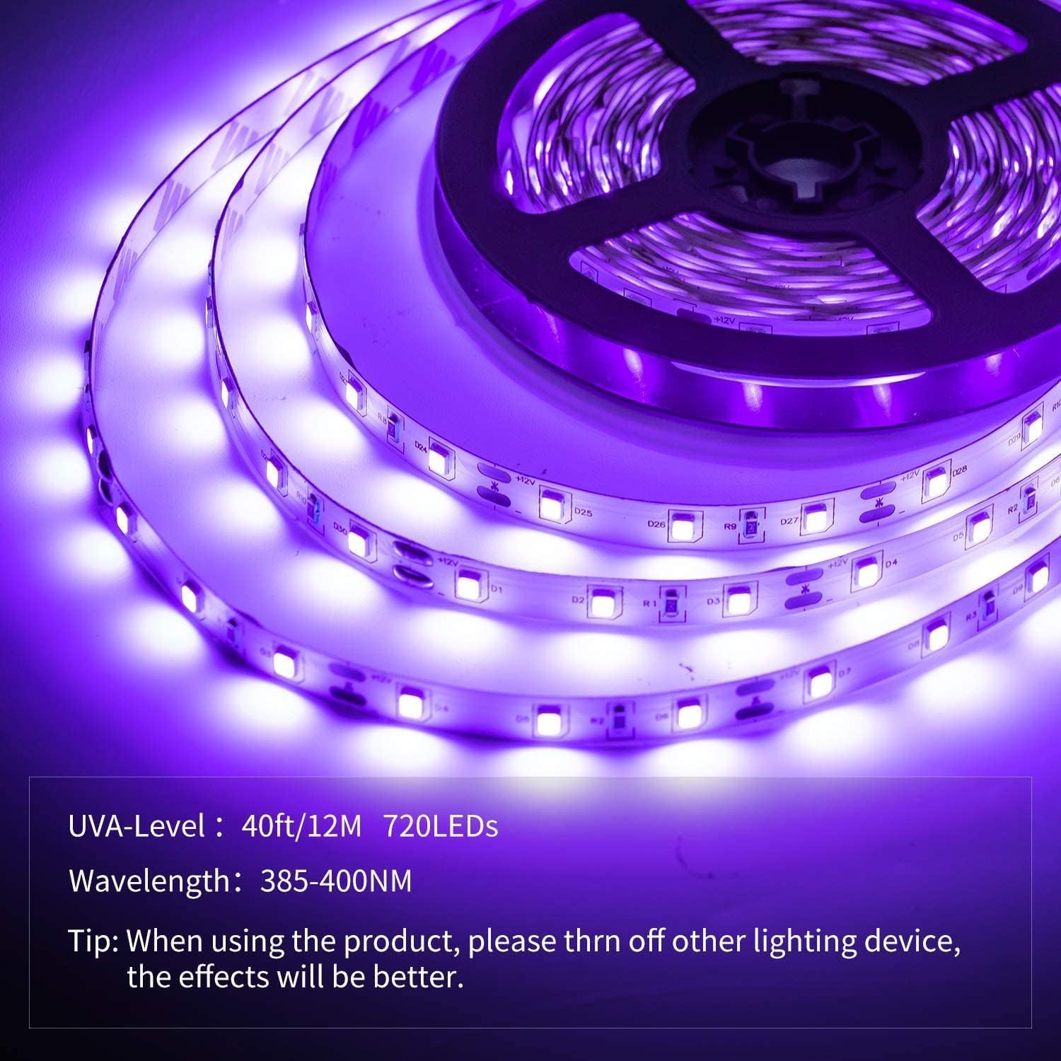 40 Foot Led Black Light Strip Kit, 720 Units Led, 12V Flexible Blacklight Fixtures, Non-Waterproof 40 ft