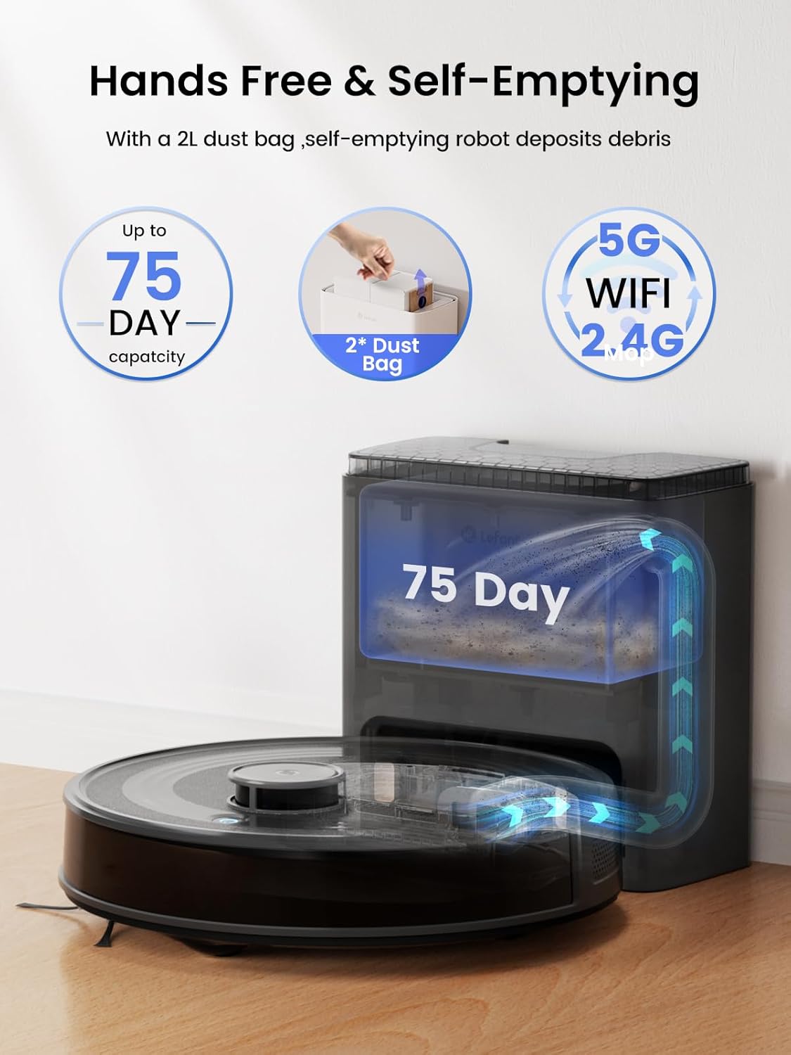 M2 Plus Robot Vacuum and Mop, Self-Emptying, 6000Pa Suction, 75-Day Hands-Free, dToF Laser Navigation, PSD Obstacle Avoidance, for Hard Floors & Carpets, WiFi 2.4G/5G, Black M2 Plus Black