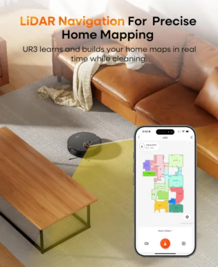 Robot Vacuum Cleaner with Mop,Robotic Vacuum with 7000Pa Super Suction,180min runtime,3.5L Self-Empty Station,Lidar Navigation,APP/Remote/Voice Control,for Floors Carpets Pet Hairs,UR3 Black