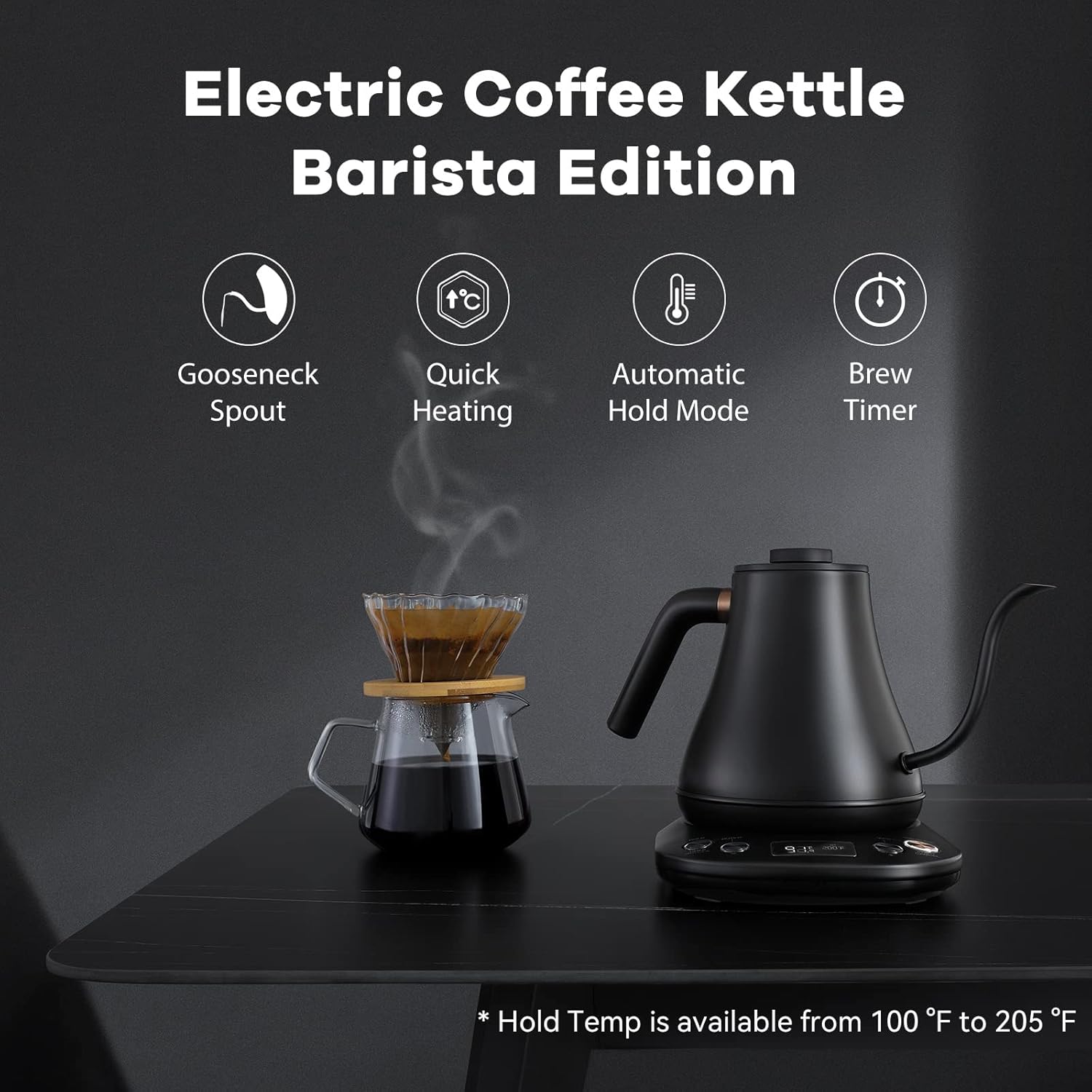 Mecity - Electric Gooseneck Kettle Pour Over Kettle Fast Heating ±1℉ for Coffee, Tea and Formula, Auto Shut-Off, 1200W, 0.8L, Matte Black, Barista Edition Matt Black