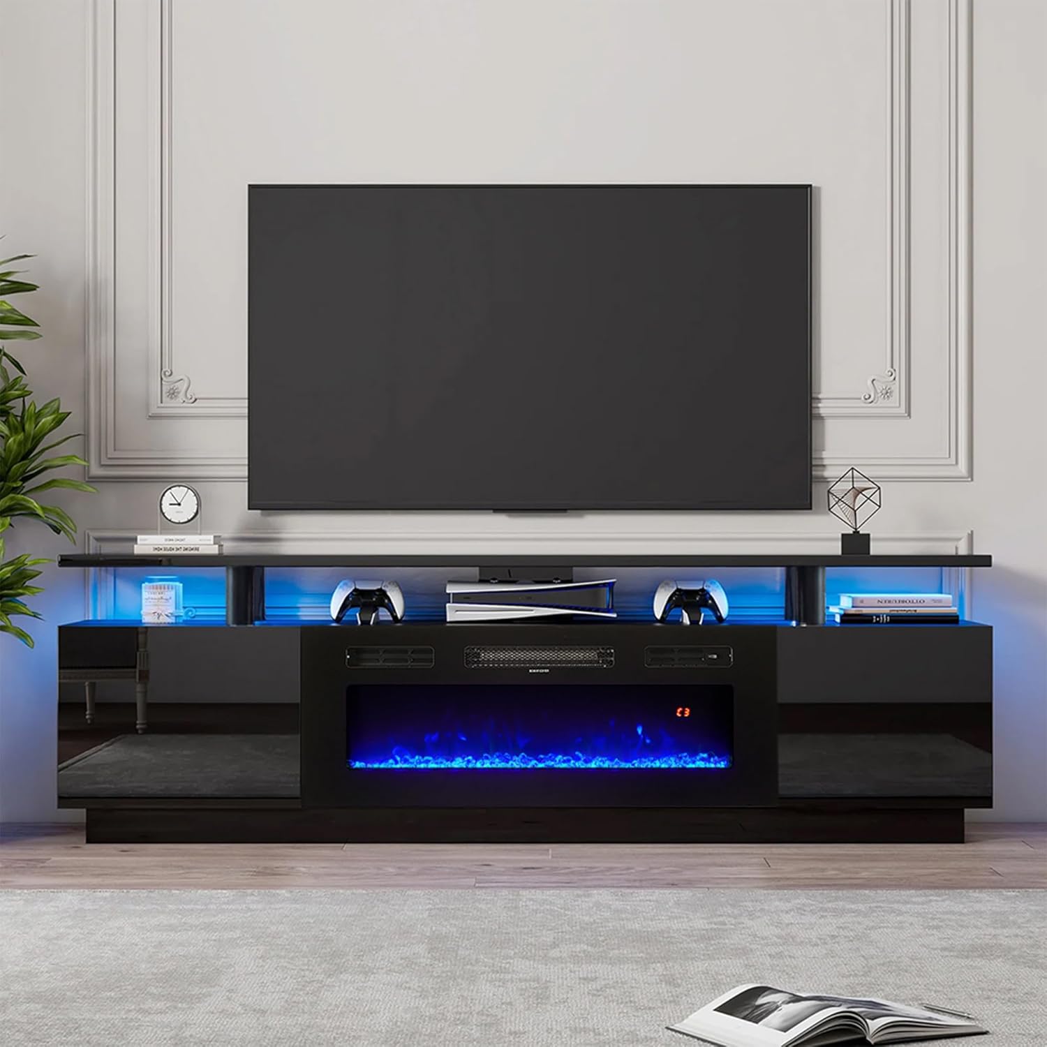 Electric Fire Insert TV Stand, TV Unit with Fireplace Built in, 12 Colors Moon Light & 12 Flame Effect Support, 36" Fireplace, for 78''TV, Remote Control & Overheat Protection, Black