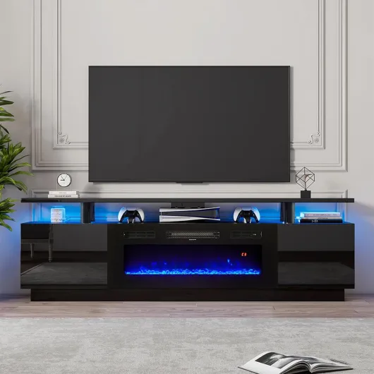 Electric Fire Insert TV Stand, TV Unit with Fireplace Built in, 12 Colors Moon Light & 12 Flame Effect Support, 36" Fireplace, for 78''TV, Remote Control & Overheat Protection, Black
