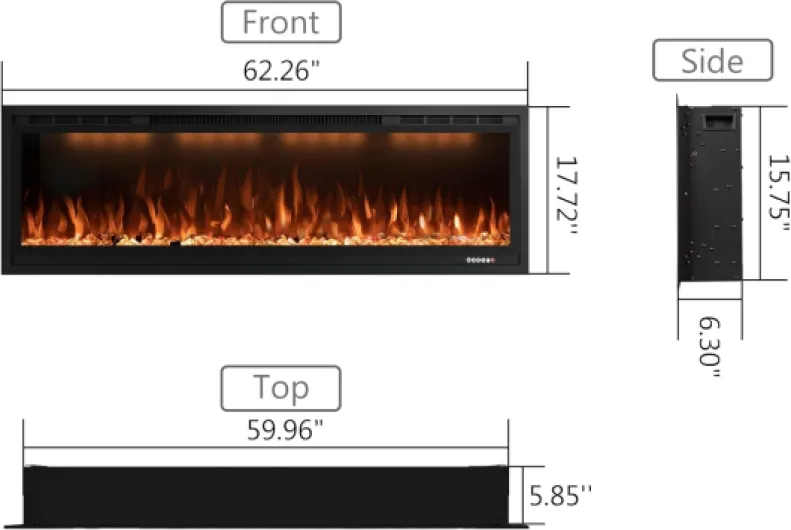 60"/152.4cm WiFi-Enabled Electric Fireplace Insert, APP Smart Control, Wall Mounted&Recessed Linear Fireplace Heater with Thermostat, Flame&Top Lights, Timer