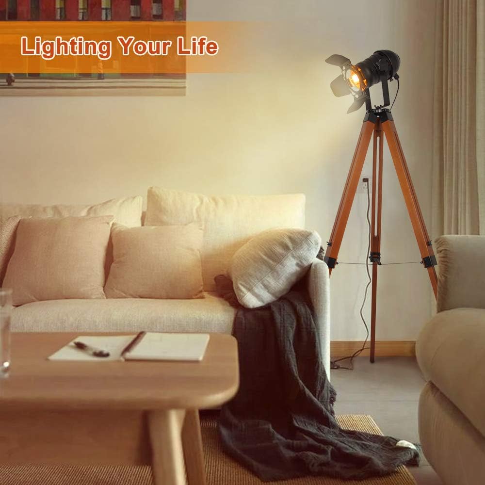 Industrial Floor Lamp for Living Room Tripod Wood Standing Tall Lighting Black Adjustable Cinema Metal Lampshade Studio Lights E27 Farmhouse Retro Floor Lamps for Bedroom Office Reading