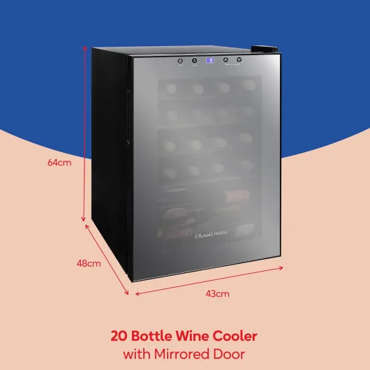 20 Bottle 62L Mirrored Door Wine Cooler Freestanding Beverage Drinks Fridge, LED Light with Touch Control, Digital Display, Adjustable Shelves, Glass Door RH20WC201MR