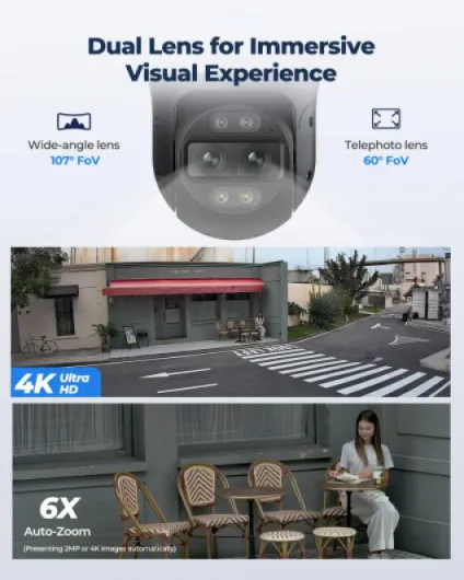 4K PTZ Dual-Lens PoE Security Camera Outdoor with 6X Hybrid Zoom, 355° Pan 90° Tilt, Auto Tracking, Color Night Vision, Person/Vehicle/Pet Detection, Two-Way Audio, TrackMix PoE PoE Wired