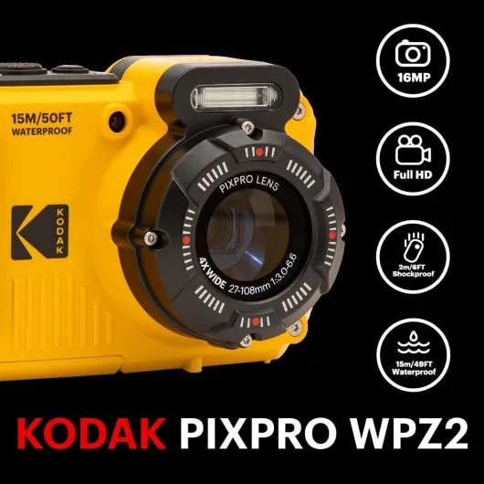 Pixpro WPZ2 Pack + 2 Batteries + 1 SD Card - 16M Pixel Compact Digital Camera, Waterproof to 15m, Shockproof, 720p Video, 2.7" LCD Screen - Li-ion Battery - Yellow Camera + SD + 2 batteries Yellow