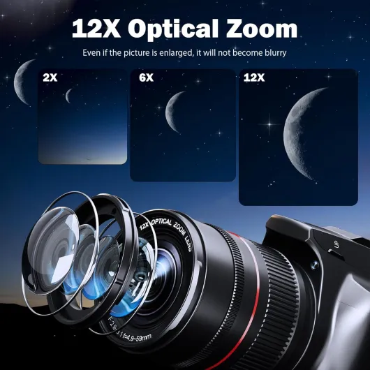 72MP 4K Digital Camera for Photography and Video, 12X Optical Zoom Bridge Camera with 270° Flip Screen, WiFi, Auto Focus, Macro Mode, 2 Batteries & 32GB SD Card (Black) (Black)