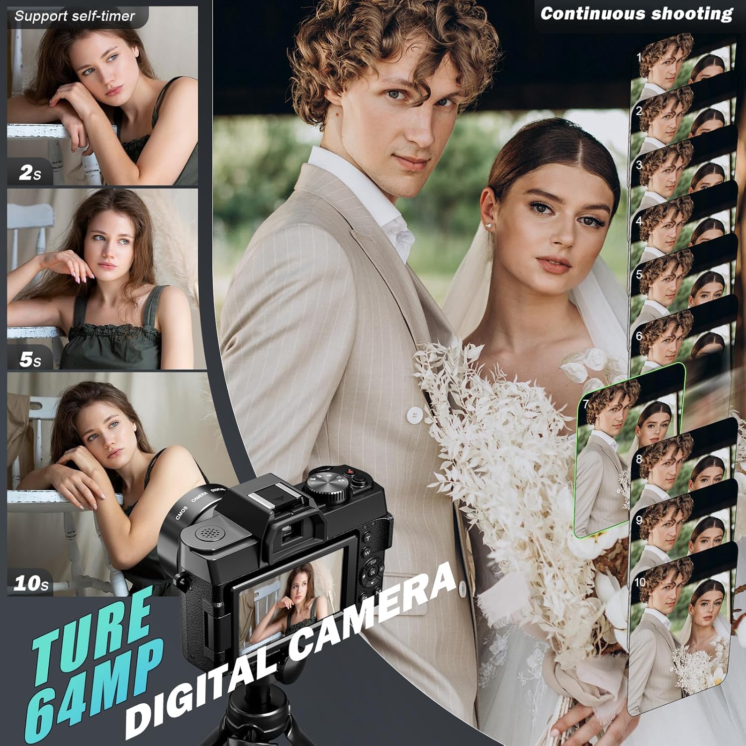 8K 64MP Digital Camera with Autofocus & 16X Zoom, Wi-Fi & App Control, Anti-Shake, 180° Flip Screen, Webcam Function, Includes Macro & Wide-Angle Lenses, 64GB TF Card & 2 Batteries (Black)