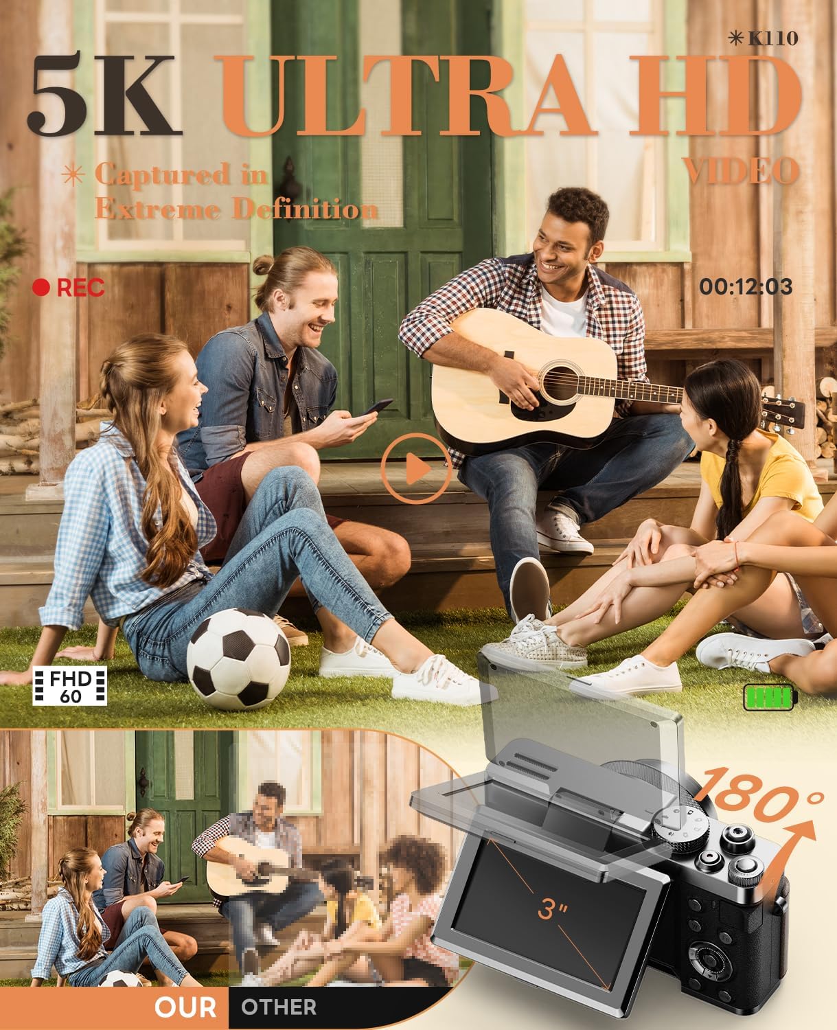 64MP Digital Camera with 5K Vlogging Capability, 180° Flip Screen, 18X Zoom - Compact Point and Shoot Camera for Beginners, Includes 64GB TF Card (Silver)