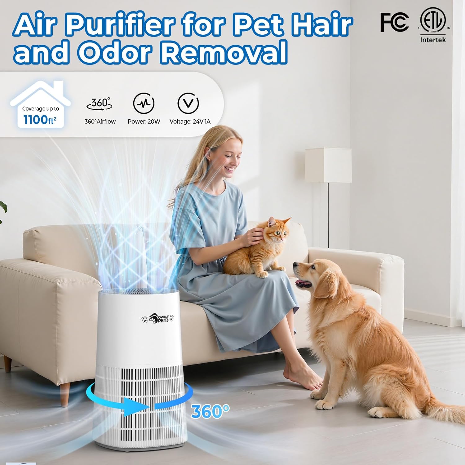 Air Purifier for Bedroom Home Up to 1100 Ft², Pet Air Purifier with PM 2.5 Sensor&Reusable Pre-filter, Quiet Sleep Mode 20dB, Removes 99.99% of Pollutants for Pet Dander, Hair, Allergies