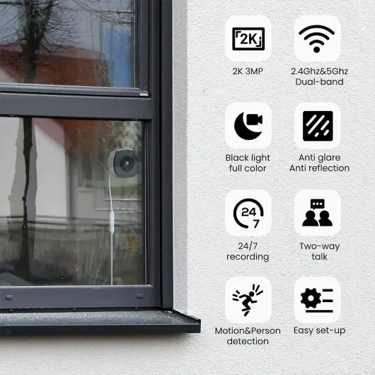 2K Window Camera, Security Camera, Dual Band WiFi Indoor Cameras for Home Security, Peel-and-Stick Installation, Human Detection, Night Vision, 24/7 Recording, K1