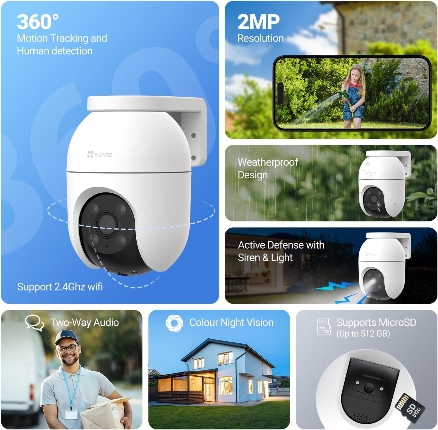 C8c (2 Pack) Wifi Outdoor Cameras Wired, 360° Pan Tilt, Support 512GB Card, No Monthly Fee, Human/Vehicle Detection, 1080P Colour Night Vision, Auto-Track, Wi-Fi CCTV Camera Systems (C8c 2MP)