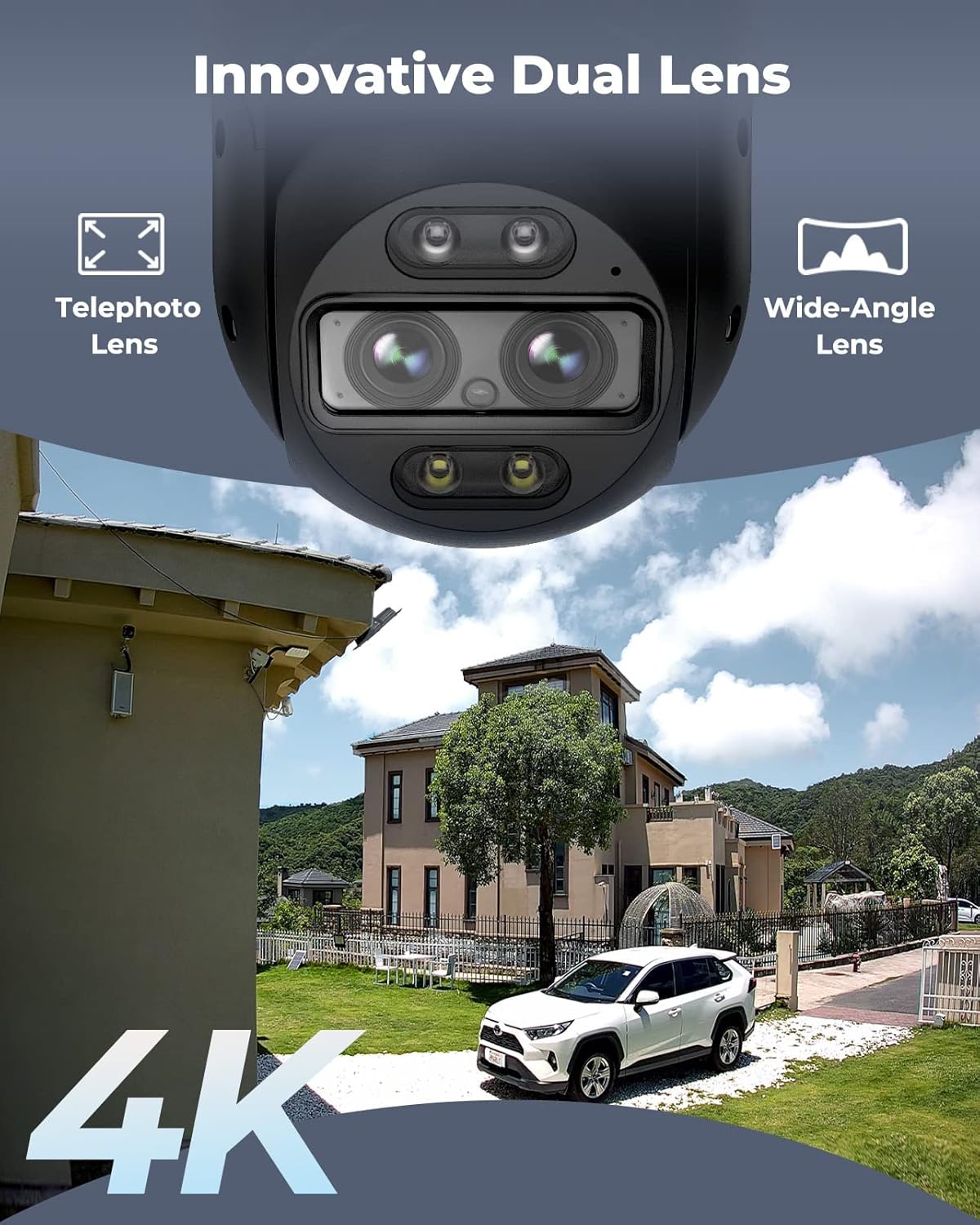 4K Security Camera Outdoor WiFi 6, Dual Lens 6X Hybrid Zoom, Plug-in 360 PTZ Camera Auto Tracking, Smart AI Detection, 8MP Color Night Vision, TrackMix WiFi Grey Grey-spotlight