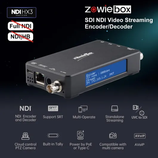 ZowieBox Encodeur et décodeur de streaming vidéo 3G NDI, convertisseur UVC vers SDI, enregistreur vidéo SDI et extension avec Loopout, SRT/RTMP(S)/RTSP vers NDI, streaming autonome H.265/H.264 en SDI NDI